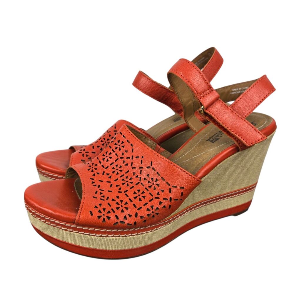 Clarks Zia Graze Sandals Sz 8 Leather Orange Cutouts Wedge Platform Boho